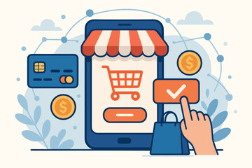 Poster - E-commerce and online shopping concept with smartphone as an internet store. Hand confirming purchase on screen. Digital payment, secure transaction, mobile banking vector illustration.