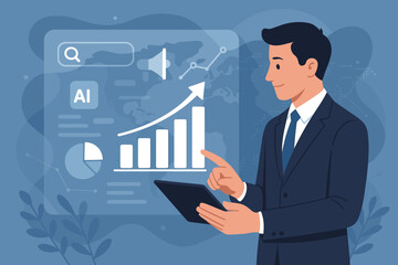 Poster - Businessman using tablet for digital online marketing and AI data analysis. Manager checking sales report, financial graph and business growth on virtual interface. Strategy concept.
