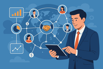 Poster - Businessman using tablet for global business network connection. Teamwork and partnership concept with data exchange for investment analysis, financial planning, and corporate strategy.