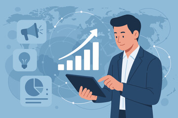 Poster - Digital marketing concept with a businessman using a tablet for data analysis. Global sales growth graph on interface. Marketing technology, content development strategy, and AI solution.