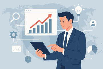 Poster - Business intelligence and digital marketing concept. Businessman analyzing sales data and financial growth graph on tablet. Global strategy with modern interface, icons, solution.