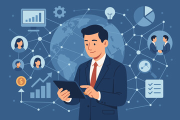 Poster - Businessman with tablet analyzing data for investment and global business strategy. Digital technology concept with network connection, teamwork, financial planning, and partnership.