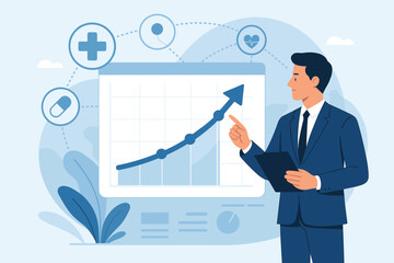 Poster - Businessman Analyzing Healthcare Growth Data, Medical Network, Rising Graph, Health Technology, Digital Analytics, Medical Business Success, Modern Flat Vector Illustration