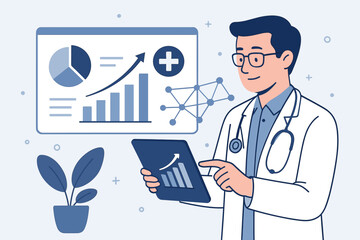 Poster - Medical Data Analysis Concept. Doctor Using Tablet to Review Healthcare Business Growth, Digital Medical Report, Network Connection, Statistics Charts, Modern Flat Vector Illustration