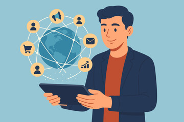 Poster - Businessman Using Tablet for Global Digital Marketing Network, Social Media Communication, E-commerce, Data Analytics, Online Connections, Flat Vector Illustration, Modern Technology Concept
