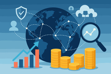 Poster - Global business network concept with financial growth chart, data analysis magnifier, and cloud technology security. International economy and investment strategy vector illustration.
