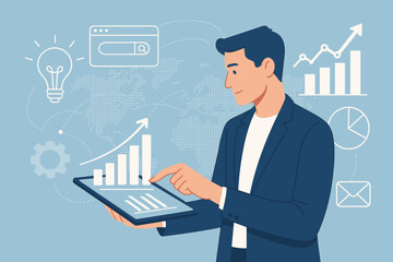 Poster - Businessman analyzing digital marketing strategy on tablet for business growth. SEO, data analytics, and financial report concept. Vector illustration with infographic elements.