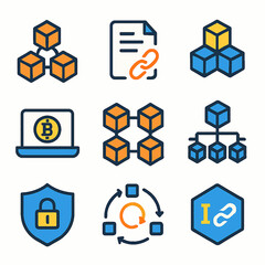 Poster - Blockchain technology illustrated through interconnected icons representing digital networks