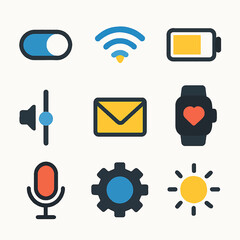 Aufkleber - Brightly colored vector illustration of nine common device icons on a white background