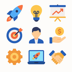 Poster - Business startup elements featuring rocket, lightbulb, target, and handshake icons