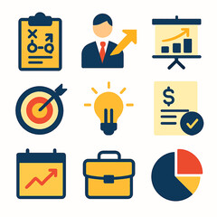 Poster - Business strategy icons set presenting planning, finance, and target goals