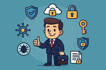 Poster - Cartoon businessman with briefcase surrounded by cybersecurity icons, data protection symbols, shield, padlock, cloud security, malware, key, secure document, digital privacy, network safety