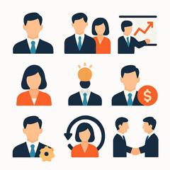 Poster - Business team and management vector illustrations depicting various work scenarios