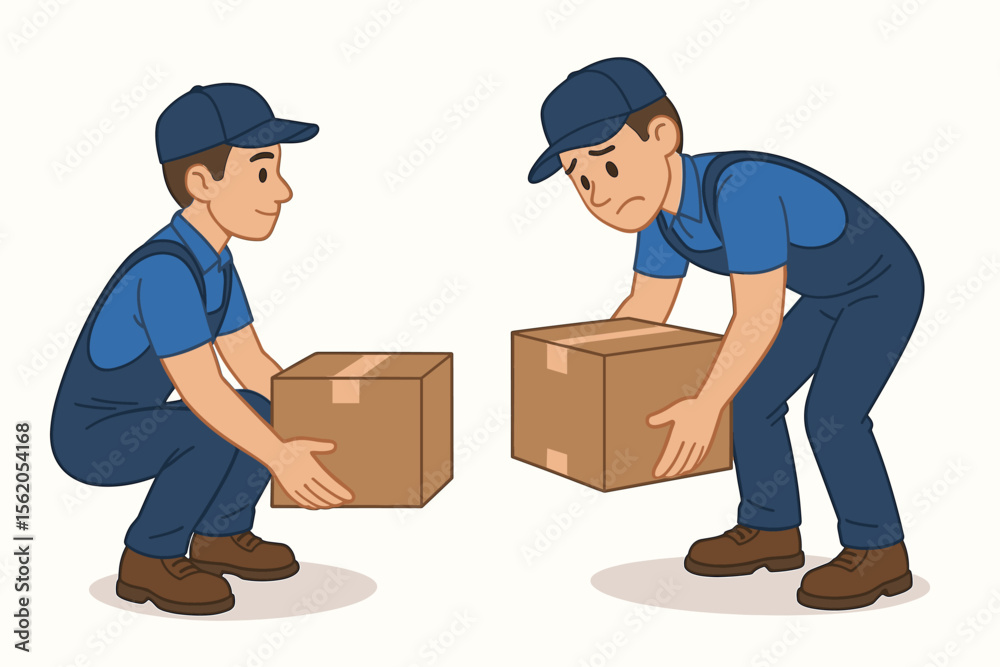Safe vs Unsafe Lifting Techniques Illustrated by Male Workers Carrying ...