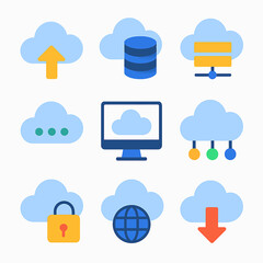 Poster - Cloud computing services represented by vector icons for data management and storage