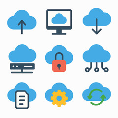 Fototapete - Cloud computing vector icons representing data storage, security, and networking features