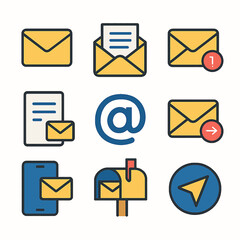 Aufkleber - Collection of diverse email and communication icons in a flat vector style design