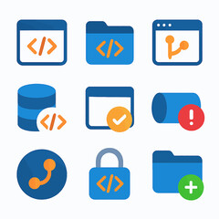 Fototapete - Collection of web development and software engineering icons representing coding tasks and security measures