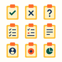 Poster - Colorful clipboard icons with check mark, x mark, question mark and pie chart symbols