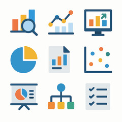 Poster - Colorful data analysis icons featuring charts graphs and diagrams for business intelligence