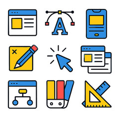 Fototapete - Colorful graphic design icons set featuring text tool, flowchart and mobile app interface
