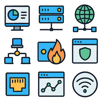Colorful network and security vector icons representing connectivity and protection