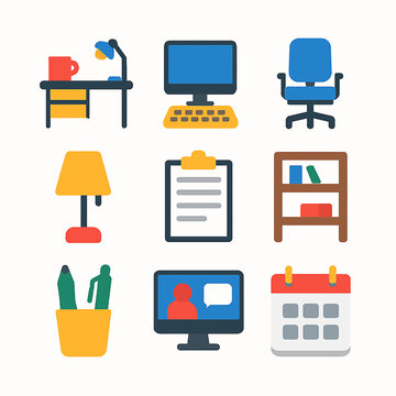 Colorful office essentials illustration featuring desk, computer and calendar for productivity