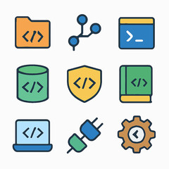Fototapete - Colorful programming and development icons depicting coding, database, and settings