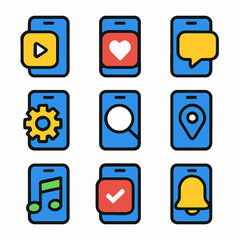 Poster - Colorful smartphone application icons featuring play, heart, chat, and settings