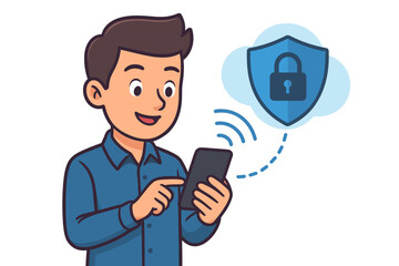 Poster - Man using smartphone with secure mobile connection. Concept of cybersecurity, cloud data protection, and internet privacy. Shield and lock for safety and authentication. Vector cartoon.