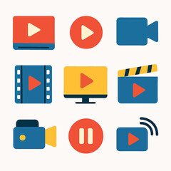 Poster - Colorful video production icons set depicting play, pause, camera, and clapperboard