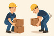 © Marie - Proper and improper lifting technique guide. Man demonstrating correct and incorrect posture for manual handling of heavy boxes. Workplace safety, ergonomics, back pain prevention.