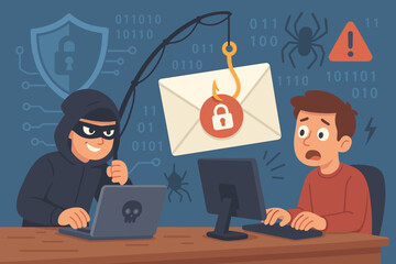 Poster - Phishing scam concept with hacker stealing email password. Cyber criminal with fishing rod attacking user. Internet fraud, data theft and cybersecurity awareness vector cartoon.