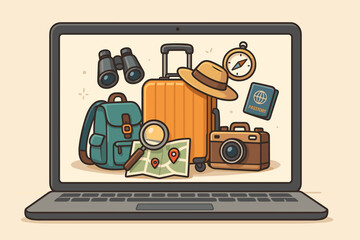 Fototapete - concept of planning a trip and booking a vacation online. travel essentials and luggage on a laptop 