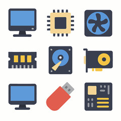 Poster - Computer hardware components illustration featuring monitor, CPU, RAM, and motherboard