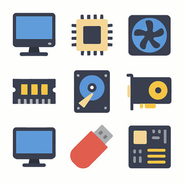 Computer hardware components illustration featuring monitor, CPU, RAM, and motherboard