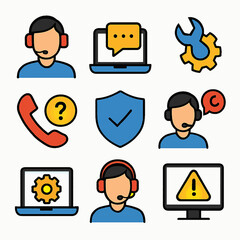 Poster - Customer support service icons featuring help desk and technical assistance symbols