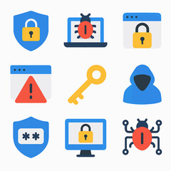 Fototapete - Cybersecurity icons collection featuring shield lock, bug on laptop, key and hacker