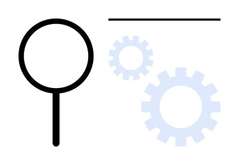 Poster - Magnifying glass symbolizing search, gears for development and problem-solving, and a line for connection. Ideal for research, innovation, analysis, teamwork, growth, productivity simple flat