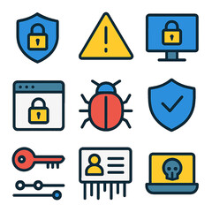 Poster - Cybersecurity icons set featuring shield, lock, bug, skull, key and warning sign