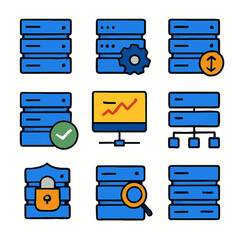 Fototapete - Data management icons set featuring server, network, security, and analysis symbols