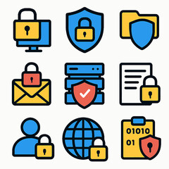 Fototapete - Data security icons depicting computer, shield, server, and global network