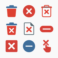 Poster - Delete and remove icons in red and blue featuring trash cans and crosses vector set