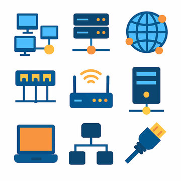 Diverse network infrastructure components depicted in vector illustrations