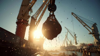 Poster - Large cranes are lifting bulk cargo in a net at sunset, with dust particles scattering in the air, creating a dynamic industrial scene in a busy port
