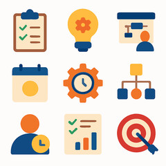 Poster - Flat vector icons illustrating business concepts of planning, workflow, and goals