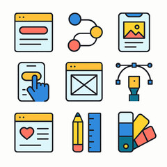 Fototapete - Graphic design elements and web development process in colorful vector icons