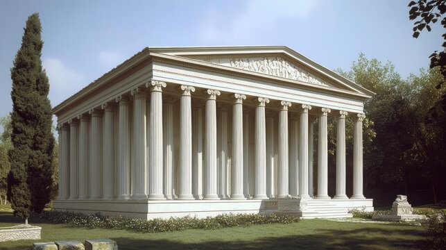 Architectural rendering of a classical Greek temple, showcasing its magnificent columns and serene setting.