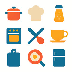 Poster - Kitchen utensils and cooking equipment icons in flat design style illustration