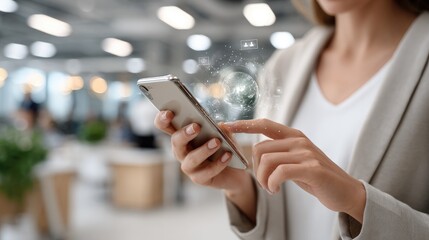 Poster - Hands engage with a smartphone displaying CRM software and digital security features in a light grey-blue office backdrop